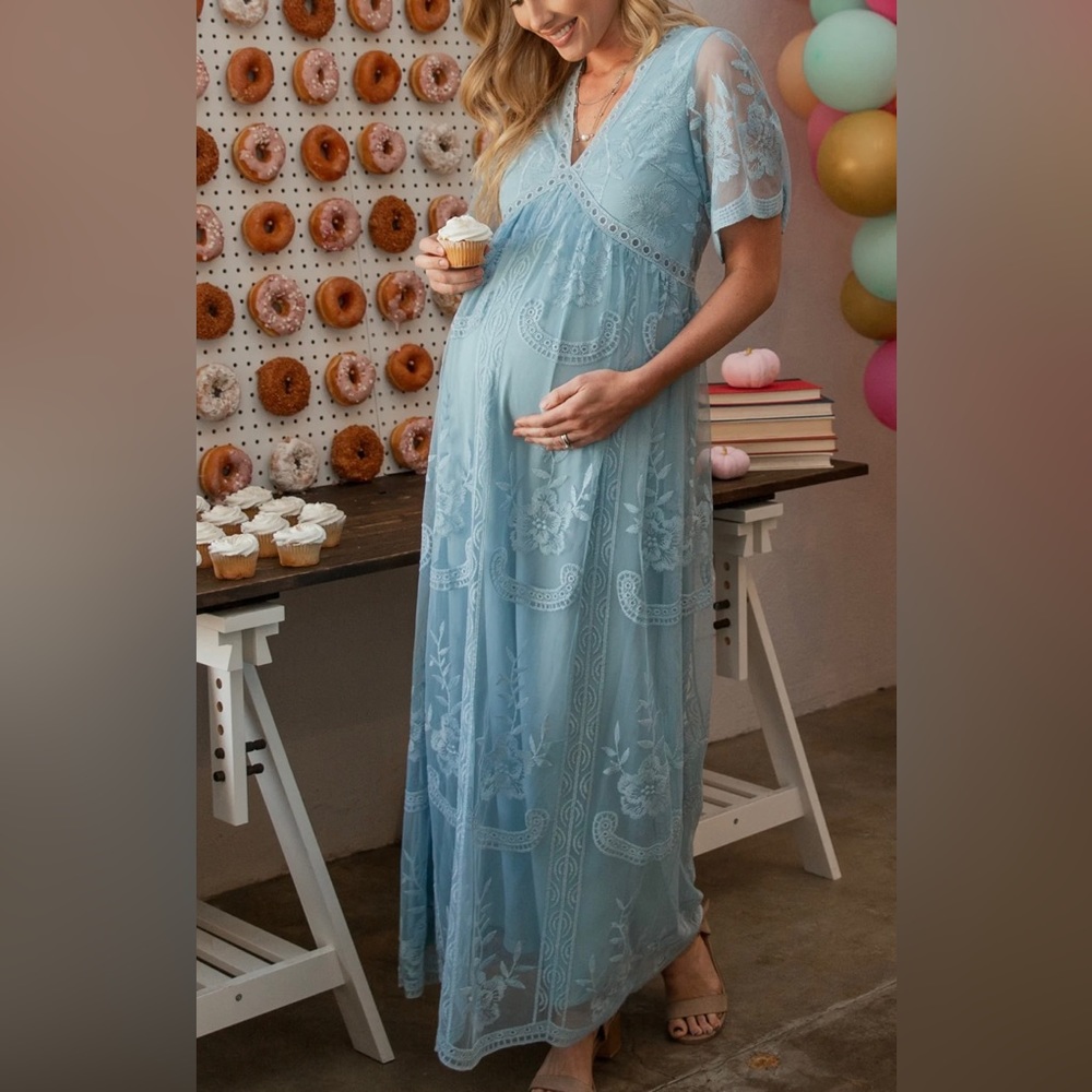 PinkBlush Light Blue Lace Mesh Overlay Maternity Maxi Dress